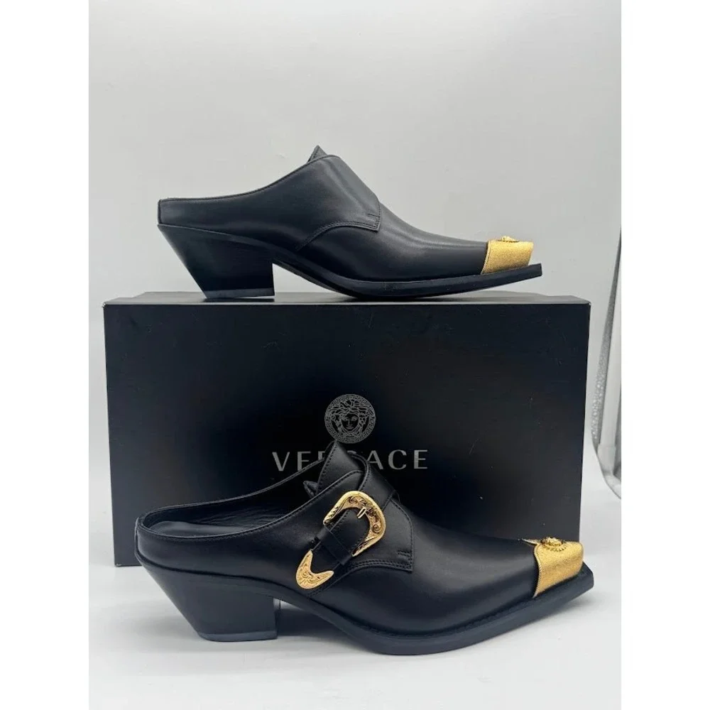 Versace Sabot Leather Western Mule Medusa Gold Toe Black EU 39.5 US 9 NIB - Picture 1 of 14